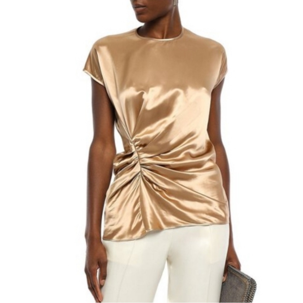 Satin Ruched Cap-Sleeve Top In Gold